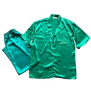 Victorias Secret Gold Label Pajama Set Shirt Pants Emerald Green Satin Y2K